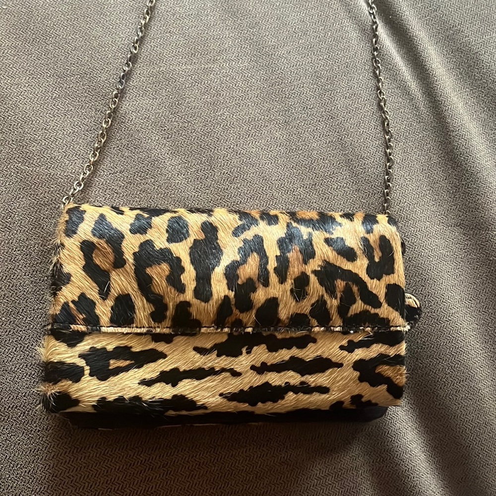 Free People Calf Leopard Cheetah leather trifold Festival bag Purse Chain Gold